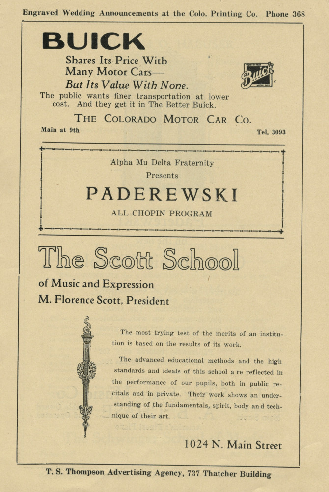 Libretto du récital Chopin donné par Paderewski le 17 avril 1926 au City Auditorium de Pueblo (Colorado)