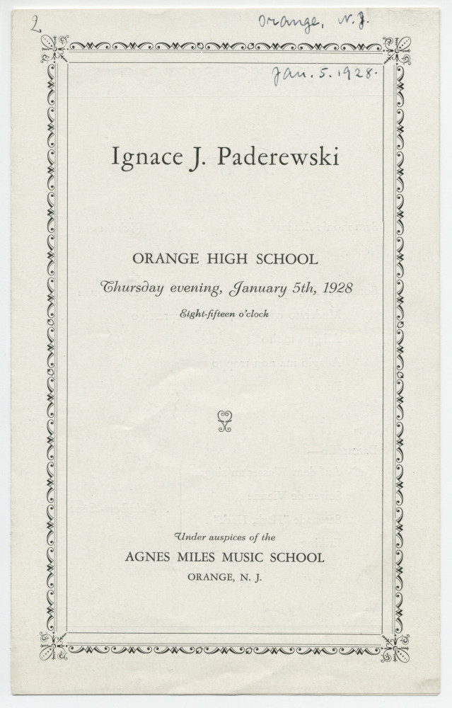 Programme du récital donné par Paderewski le 5 janvier 1928 à l'Orange High School (New Jersey)