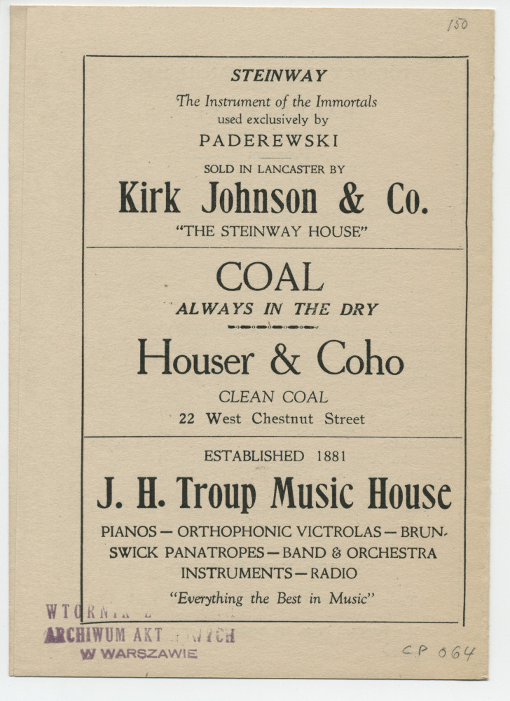 Programme du récital donné par Paderewski «The Eminent Pianist» le 17 janvier 1928 au Fulton Opera House de Lancaster (Pennsylvanie)
