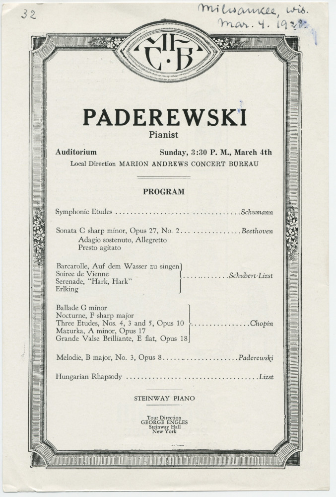 Programme du récital donné par Paderewski le 4 mars 1928 à l'Auditorium de Milwaukee (Wisconsin)