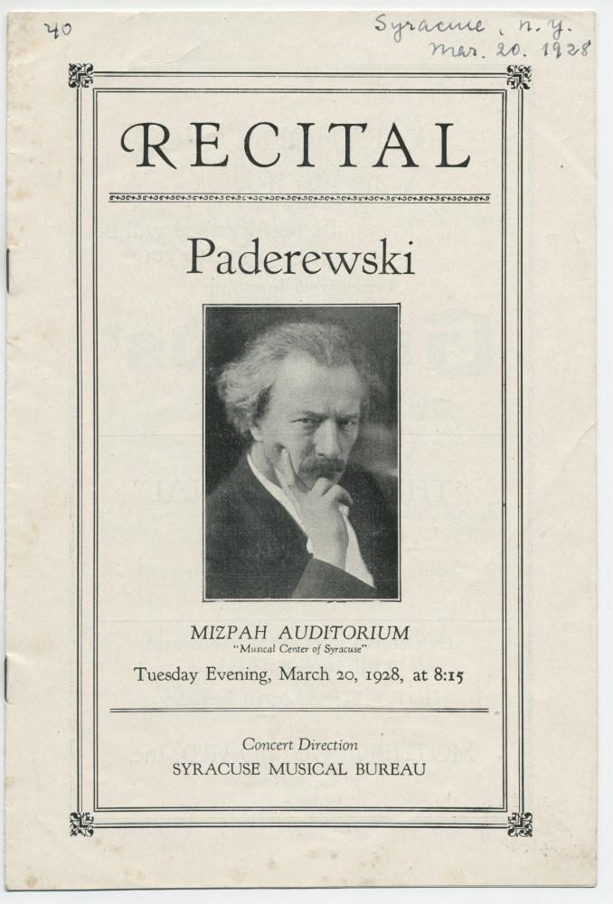 Libretto du récital donné par Paderewski le 20 mars 1928 au Mizpah Auditorium de Syracuse (New York)