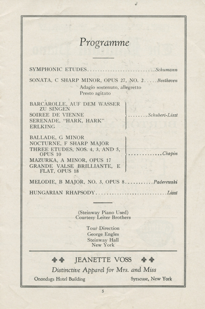 Libretto du récital donné par Paderewski le 20 mars 1928 au Mizpah Auditorium de Syracuse (New York)