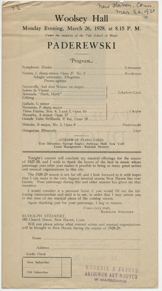 Programme du récital donné par Paderewski le 26 mars 1928 au Woolsey Hall de New Heaven (Connecticut)