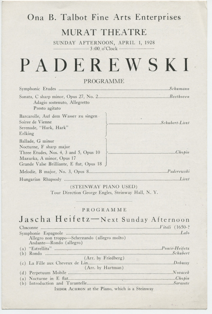 Programme du récital donné par Paderewski le 1er avril 1928 au Murat Theatre d'Indianapolis (Indiana)