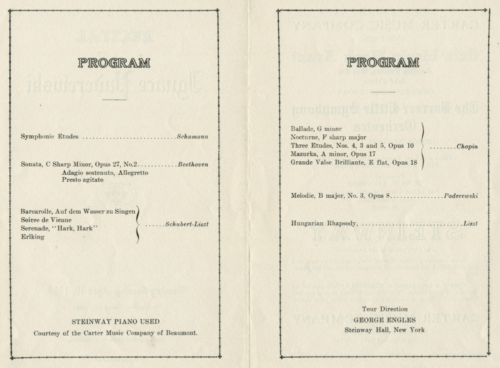 Programme du récital donné par Paderewski le 10 avril 1928 à l'Auditorium de Beaumont (Texas)