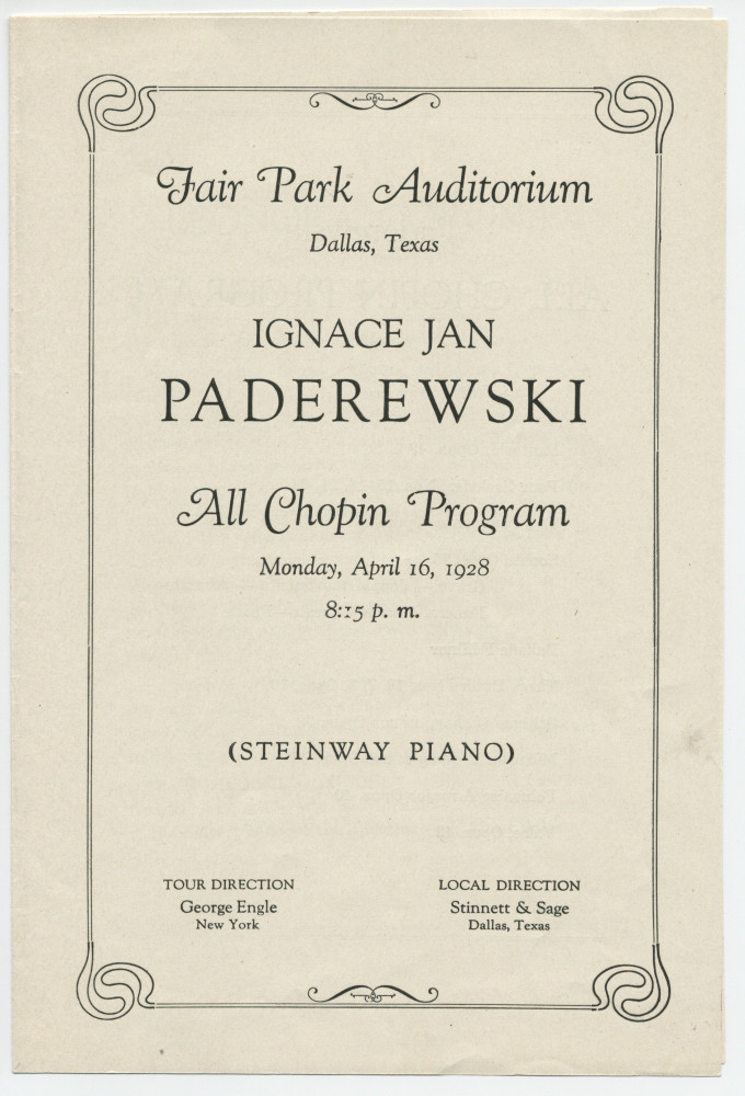 Programme du récital Chopin donné par Paderewski le 16 avril 1928 au Fair Park Auditorium de Dallas (Texas)