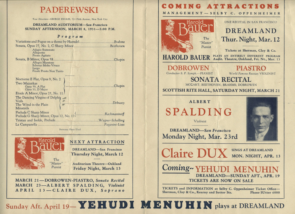 Programme du récital donné par Paderewski le 8 mars 1931 au Dreamland Auditorium de San Francisco (Californie)