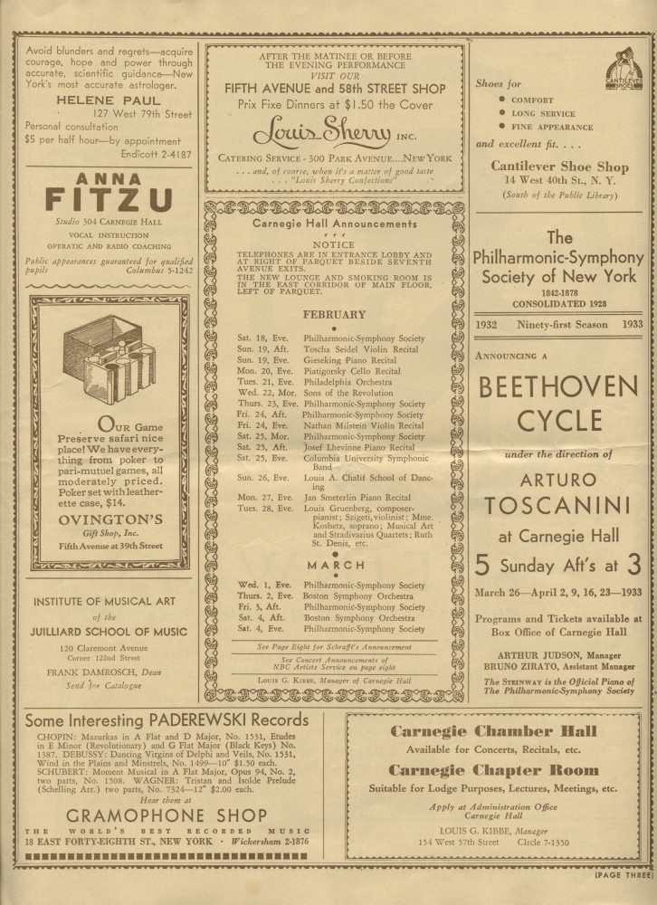 Libretto du récital Chopin donné par Paderewski le 18 février 1933 au Carnegie Hall de New York