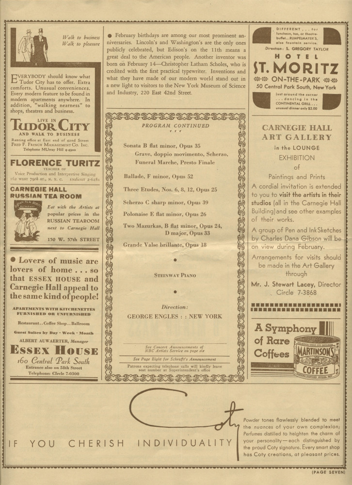 Libretto du récital Chopin donné par Paderewski le 18 février 1933 au Carnegie Hall de New York