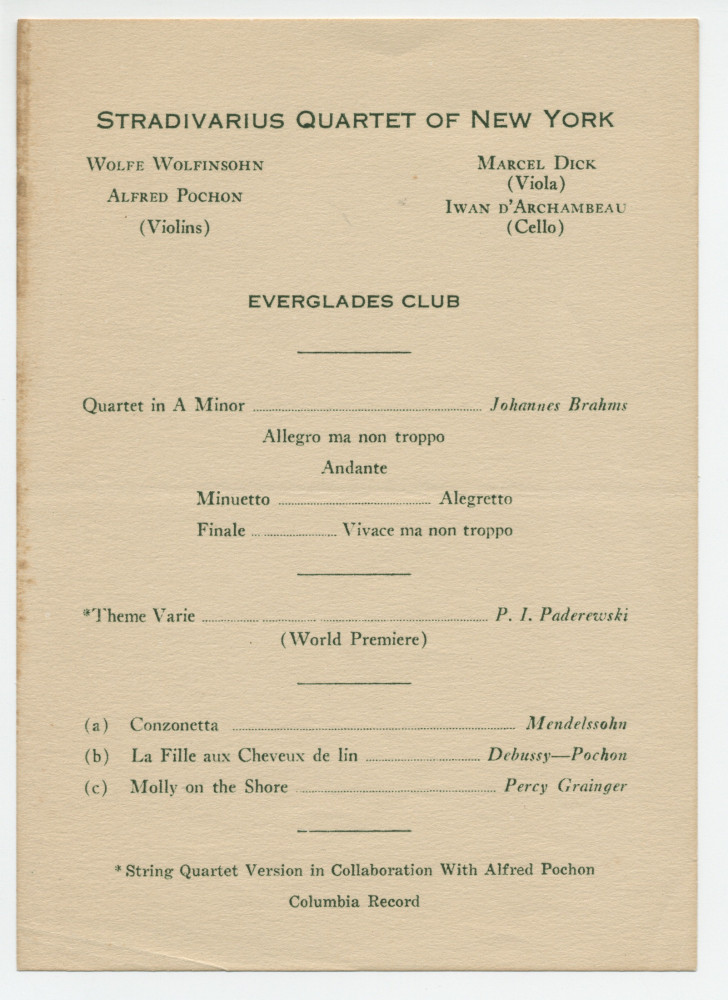 Programme de la création par le Quatuor Stradivarius de New York de la transcription pour quatuor à cordes du «Thème varié» pour piano op. 16 n° 3 de Paderewski réalisée par Alfred Pochon