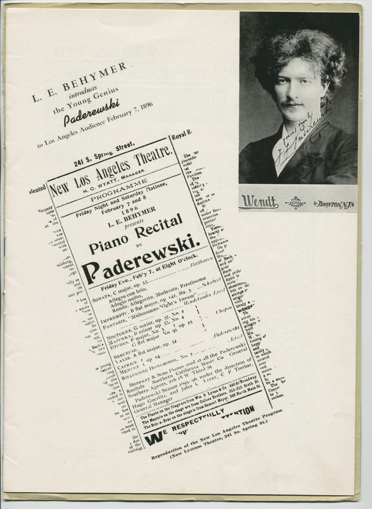 Libretto illustré et documenté du «Paderewski Twentieth American Tour Souvenir Program» [récital-souvenir de la 20e tournée américaine de Paderewski] donné le 2 avril 1939 au Shrine Auditorium de Los Angeles (Californie) (a-i)