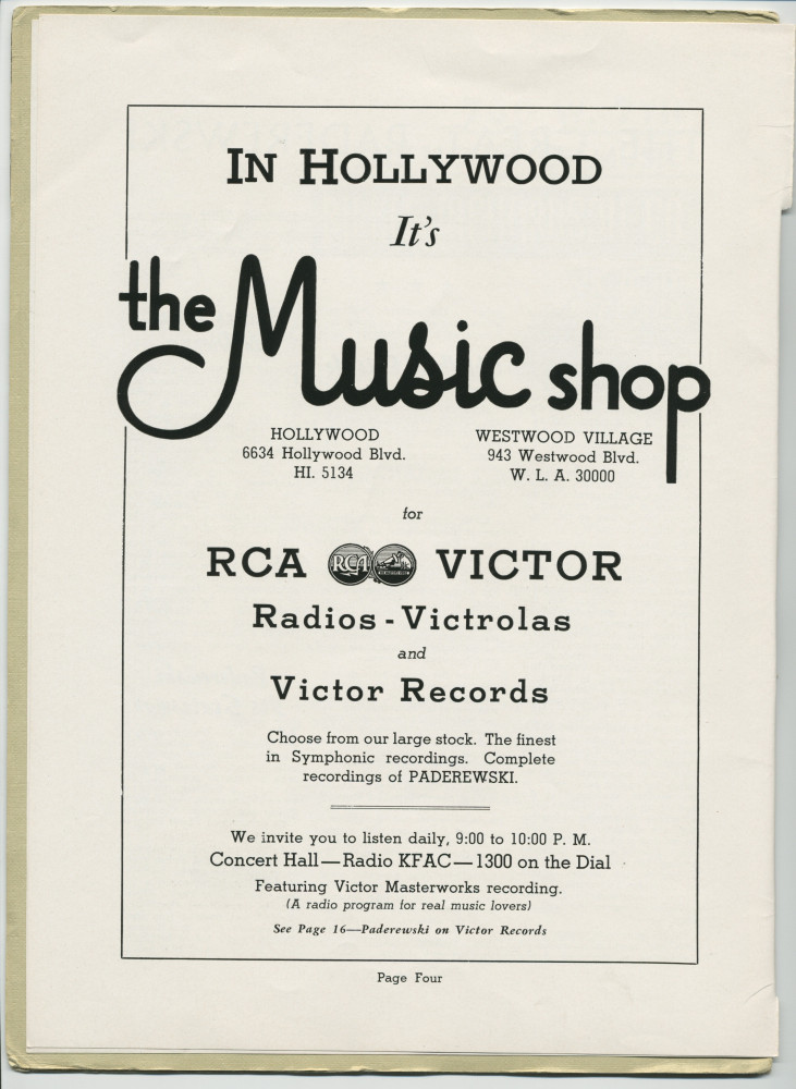 Libretto illustré et documenté du «Paderewski Twentieth American Tour Souvenir Program» [récital-souvenir de la 20e tournée américaine de Paderewski] donné le 2 avril 1939 au Shrine Auditorium de Los Angeles (Californie) (a-i)
