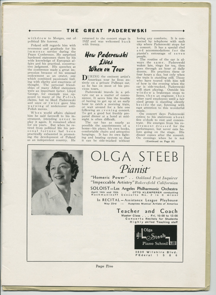 Libretto illustré et documenté du «Paderewski Twentieth American Tour Souvenir Program» [récital-souvenir de la 20e tournée américaine de Paderewski] donné le 2 avril 1939 au Shrine Auditorium de Los Angeles (Californie) (a-i)