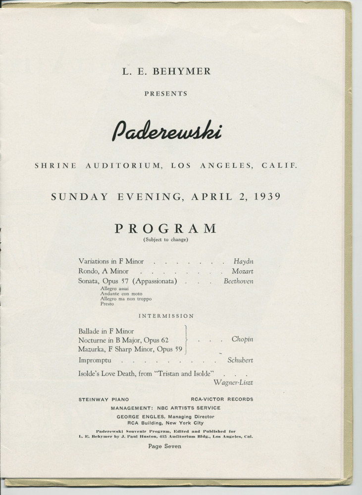 Libretto illustré et documenté du «Paderewski Twentieth American Tour Souvenir Program» [récital-souvenir de la 20e tournée américaine de Paderewski] donné le 2 avril 1939 au Shrine Auditorium de Los Angeles (Californie) (a-i)