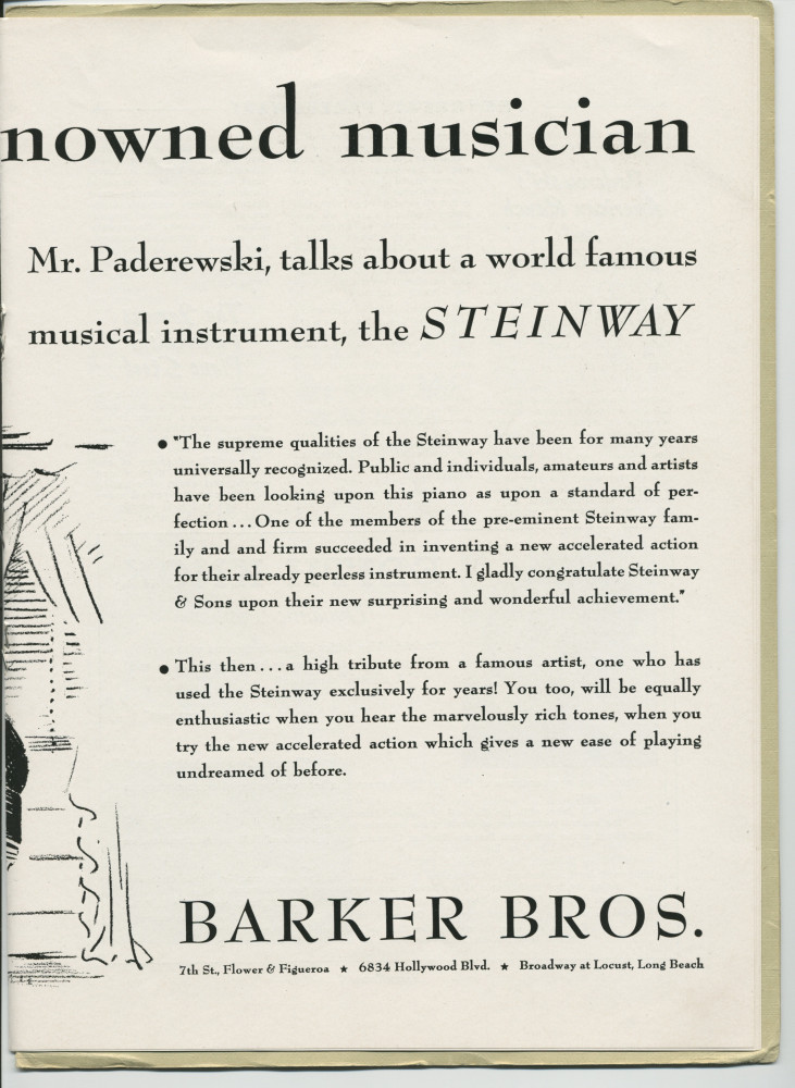 Libretto illustré et documenté du «Paderewski Twentieth American Tour Souvenir Program» [récital-souvenir de la 20e tournée américaine de Paderewski] donné le 2 avril 1939 au Shrine Auditorium de Los Angeles (Californie) (j-r)