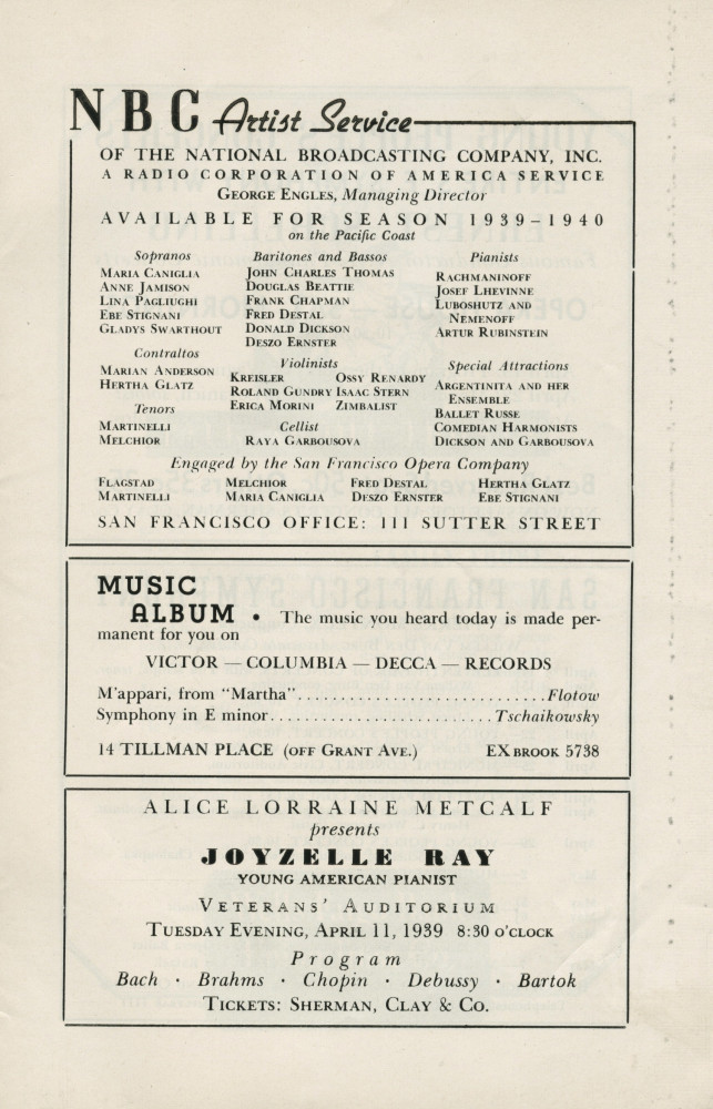 Libretto du récital donné par Paderewski le 9 avril 1939 au Civic Auditorium de San Francisco (Californie)