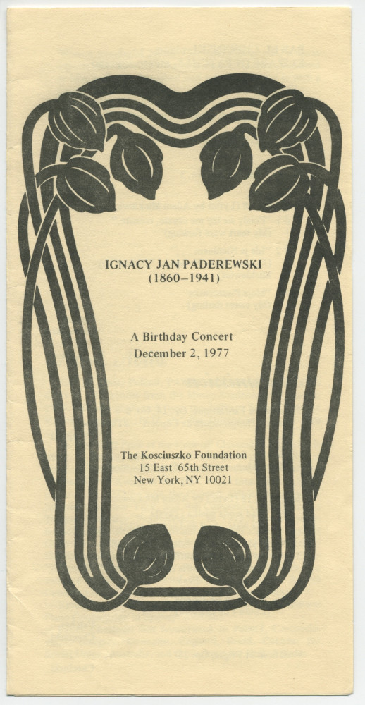Programme du récital Paderewski donné le 2 décembre 1977 à la Kosciuszko Foundation de New York, 15 East 65 Street, par la mezzo-soprano Elizabeth Patches et le pianiste Pawel Checinski, dans le cadre des «Birthday Concerts» (avec programme général)
