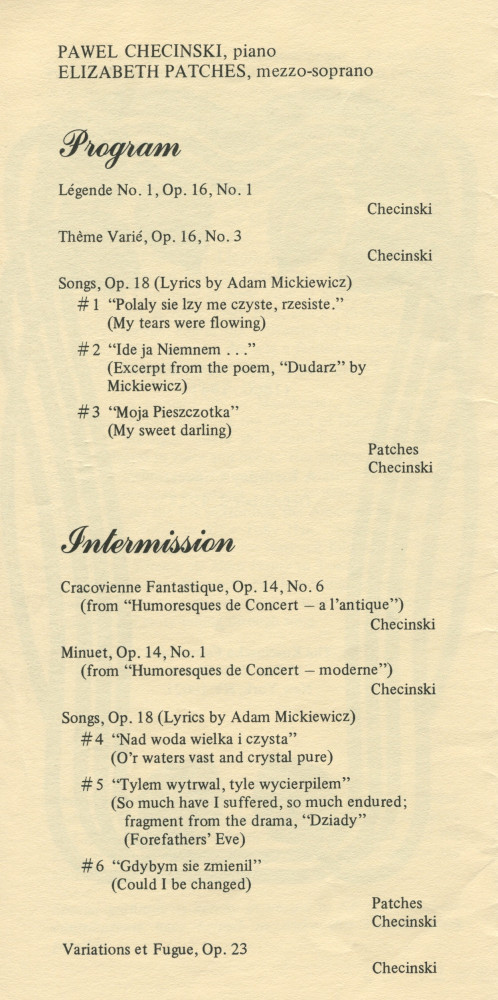 Programme du récital Paderewski donné le 2 décembre 1977 à la Kosciuszko Foundation de New York, 15 East 65 Street, par la mezzo-soprano Elizabeth Patches et le pianiste Pawel Checinski, dans le cadre des «Birthday Concerts» (avec programme général)