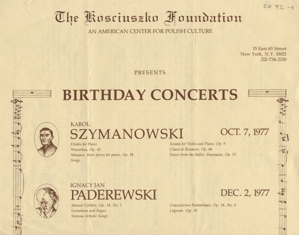 Programme du récital Paderewski donné le 2 décembre 1977 à la Kosciuszko Foundation de New York, 15 East 65 Street, par la mezzo-soprano Elizabeth Patches et le pianiste Pawel Checinski, dans le cadre des «Birthday Concerts» (avec programme général)