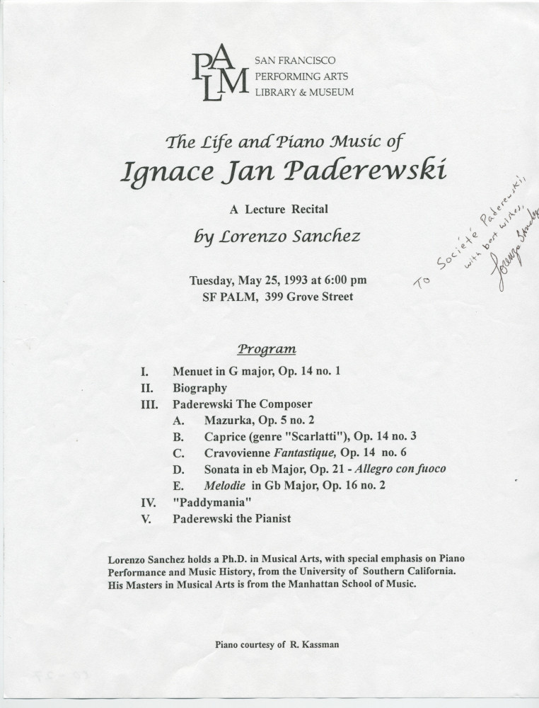 Programme du «Lecture Recital» Paderewski [récital commenté] donné par Lorenzo Sanchez le 25 mai 1993 au San Francisco Performing Arts Library & Museum (PALM)