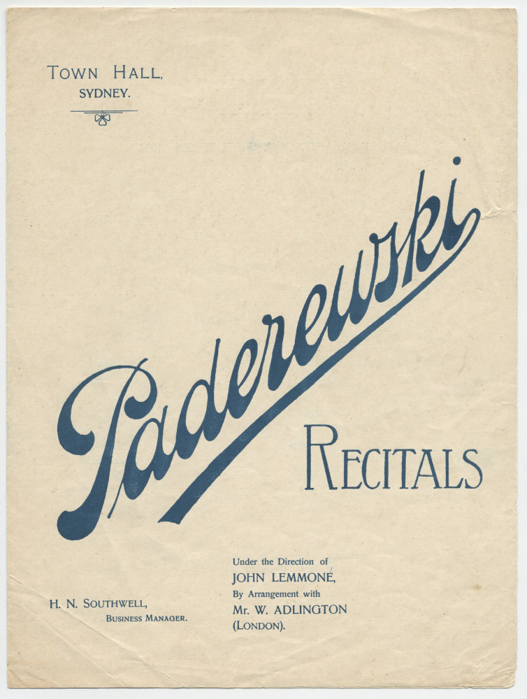 Programme du concert donné par Paderewski le 20 août 1904 au Town Hall de Sydney avec un «Grand Orchestra» dirigé par Roberto Hazon, avec au programme notamment sa «Fantaisie polonaise»
