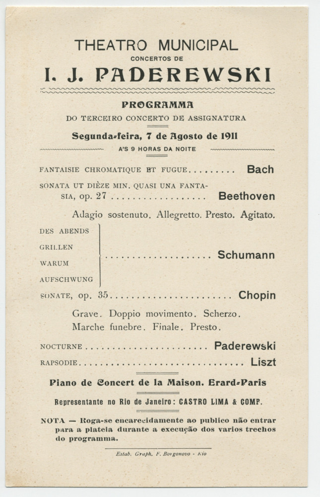 Programme du 3e récital donné par Paderewski le 7 août 1911 au Teatro municipal de Rio de Janeiro dans le cadre d'une tournée sud-américaine