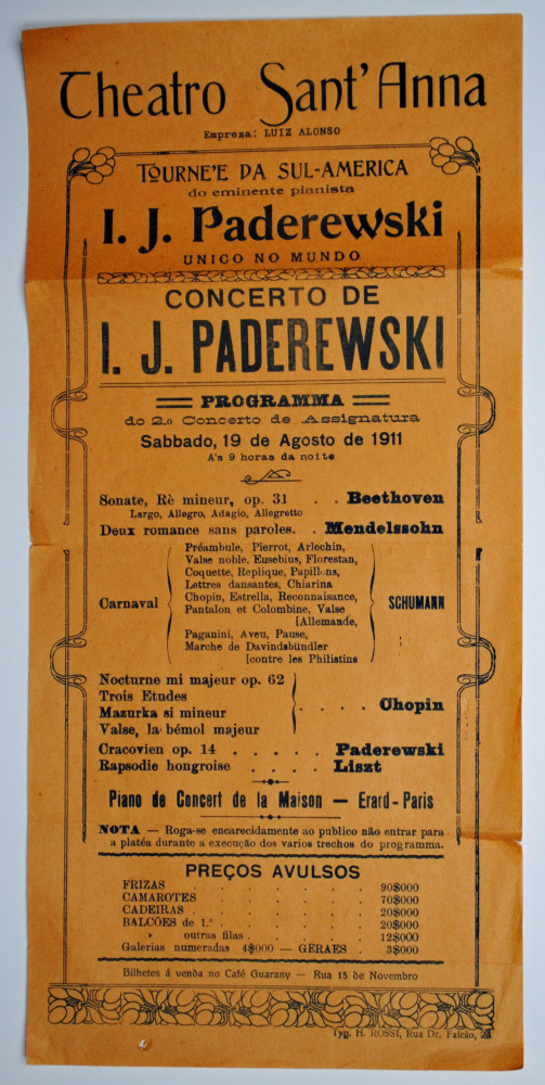 Programme du récital donné par Paderewski au Theatro Sant'Anna de São Paolo au Brésil le 19 août 1911