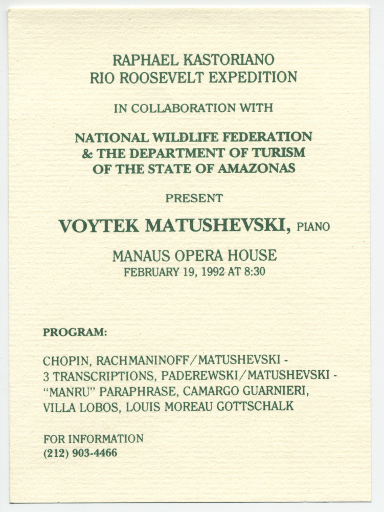 Programme du récital donné par Voytek Matushevski le 19 février 1992 à l'Opéra de Manaus (Amazonie / Brésil), avec entre autres une paraphrase de sa composition sur «Manru» de Paderewski