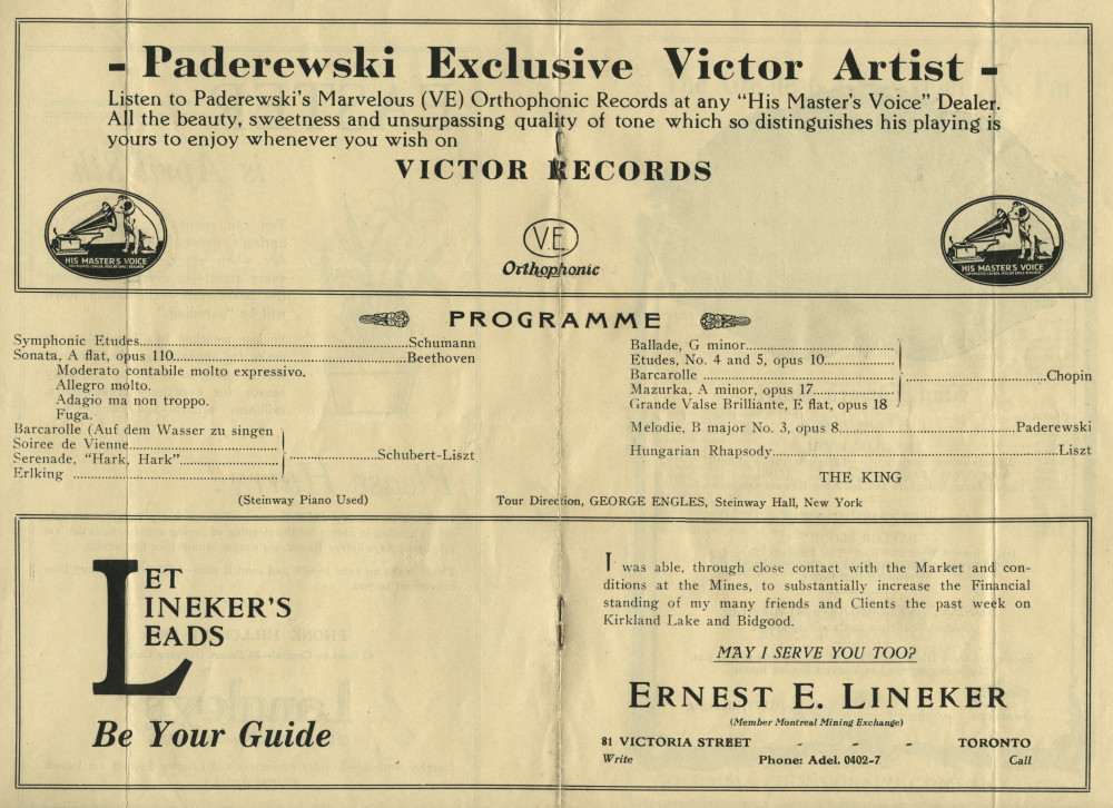 Libretto du récital donné par Paderewski le 19 mars 1928 au Massey Music Hall de Toronto (Ontario)
