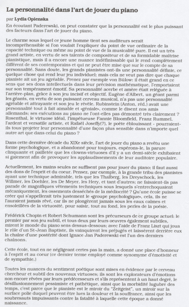 «La personnalité dans l'art de jouer du piano» – Texte manuscrit rédigé par Lydia Opienska-Barblan (sans réf. de publication) (avec saisie dactylographiée en 3 étapes)