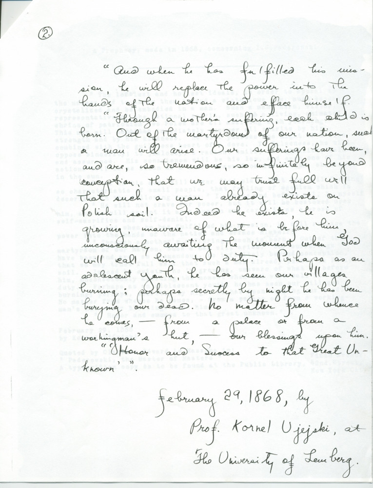 «A prophecy, made in 1868, concerning I. J. Paderewski» [une prophétie concernant Paderewski faite (le 29 février) 1868 (par le Prof. Kornel Ujejski de l'Université de Lemberg)