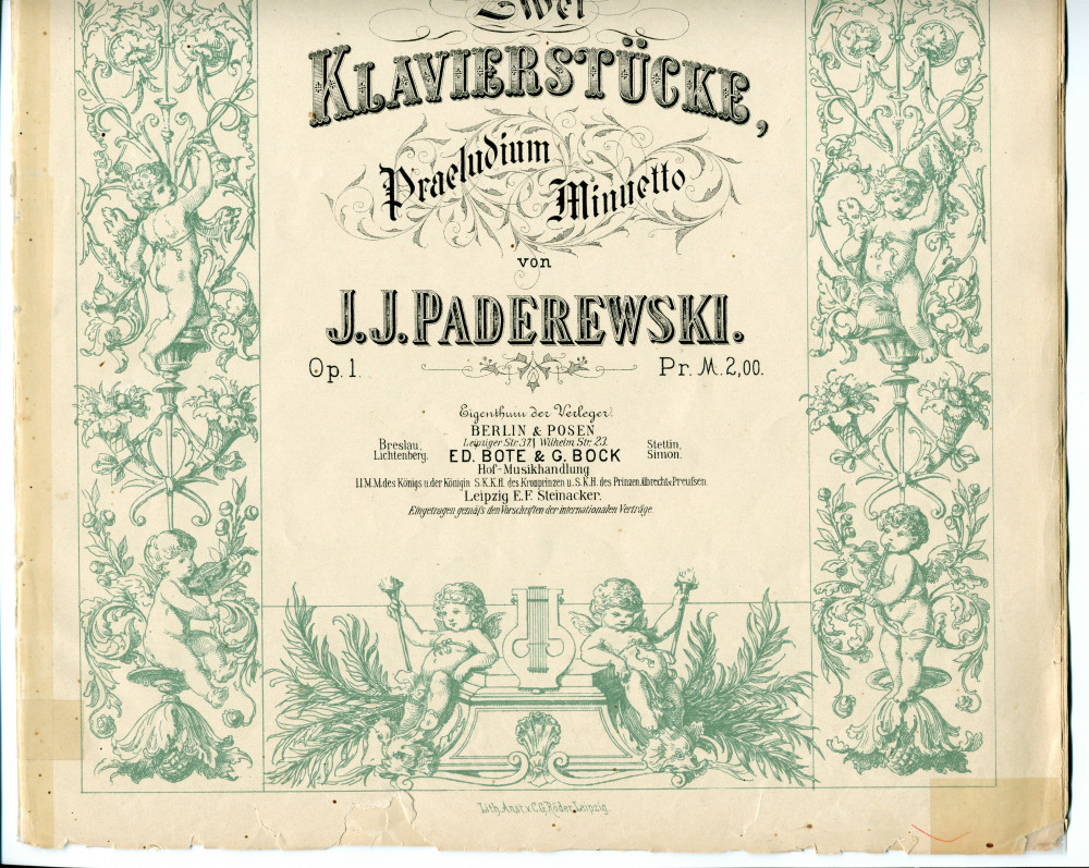 Partition des «Zwei Klavierstücke» op. 1 de Paderewski – n° 1: Präludium à capriccio, n° 2: Minuetto (Ed. Bote & G. Bock, Berlin & Posen – dédicace «seinem Freunde Anton Rutkowski»)