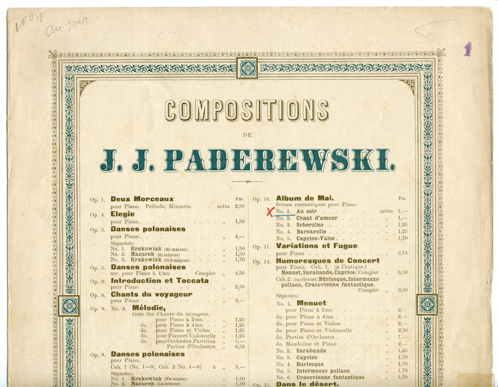 Partition de «Au Soir» tirée de l'«Album de mai, scènes romantiques pour piano» op. 10 n° 1 de Paderewski (Louis Gregh, Paris – avec en couverture une liste des «compositions de Paderewski» diffusées par cette maison)