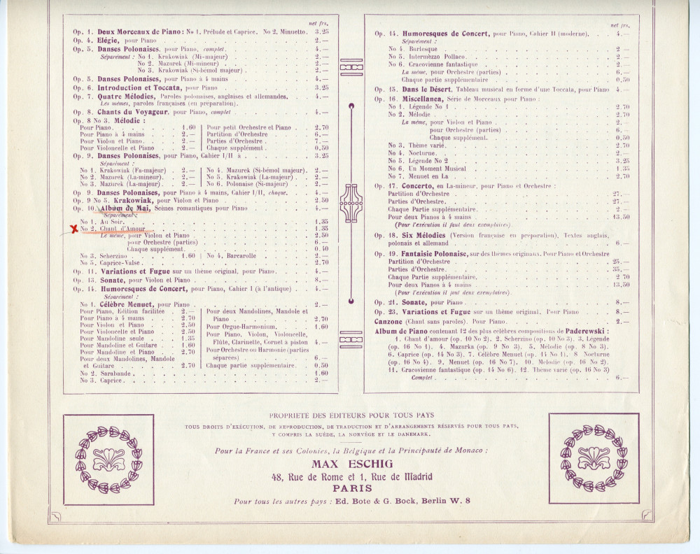 Partition du «Chant d'amour» tiré de l'«Album de mai, scènes romantiques pour piano» op. 10 n° 2 de Paderewski (Max Eschig, Paris – avec en couverture une liste des «Œuvres complètes de Paderewski» diffusées par cette maison)