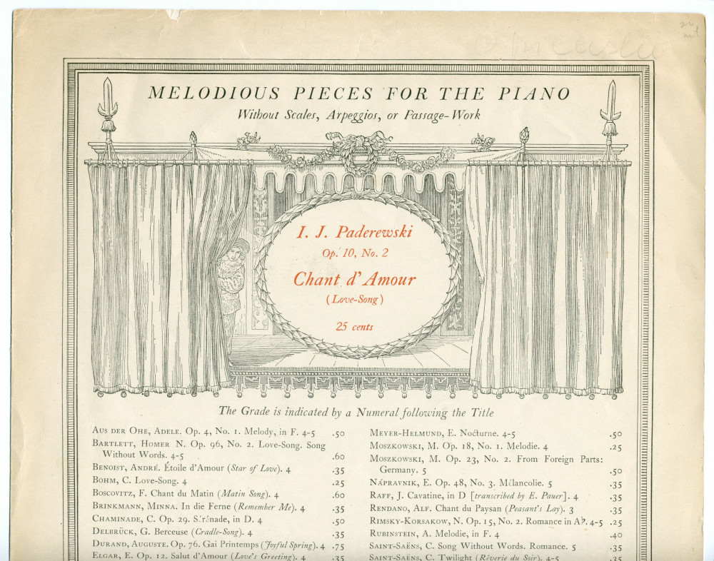 Partition du «Chant d'amour» tiré de l'«Album de mai, scènes romantiques pour piano» op. 10 n° 2 de Paderewski (G. Schirmer, New York – avec en couverture une liste de «Melodious Pieces for the Piano» éditées par cette maison)