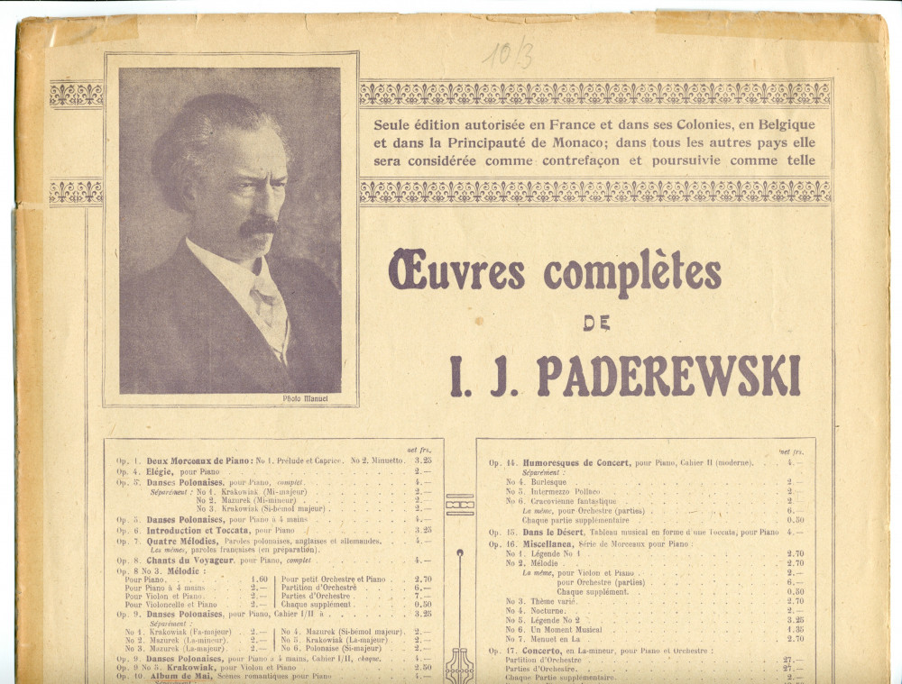 Partition du «Scherzino» tiré de l'«Album de mai, scènes romantiques pour piano» op. 10 n° 3 de Paderewski (Max Eschig, Paris – avec en couverture une liste des «Œuvres complètes de Paderewski» diffusées par cette maison)