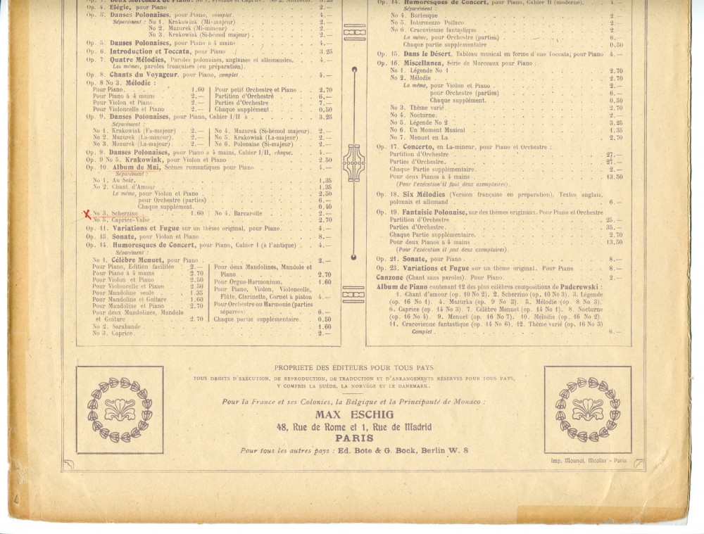 Partition du «Scherzino» tiré de l'«Album de mai, scènes romantiques pour piano» op. 10 n° 3 de Paderewski (Max Eschig, Paris – avec en couverture une liste des «Œuvres complètes de Paderewski» diffusées par cette maison)