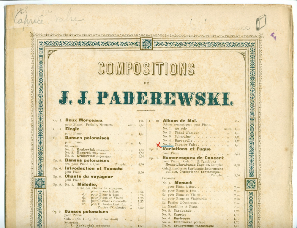 Partition de la «Caprice-valse» tirée de l'«Album de mai, scènes romantiques pour piano» op. 10 n° 5 de Paderewski (Louis Gregh, Paris – avec en couverture une liste des «compositions de Paderewski» diffusées par cette maison)
