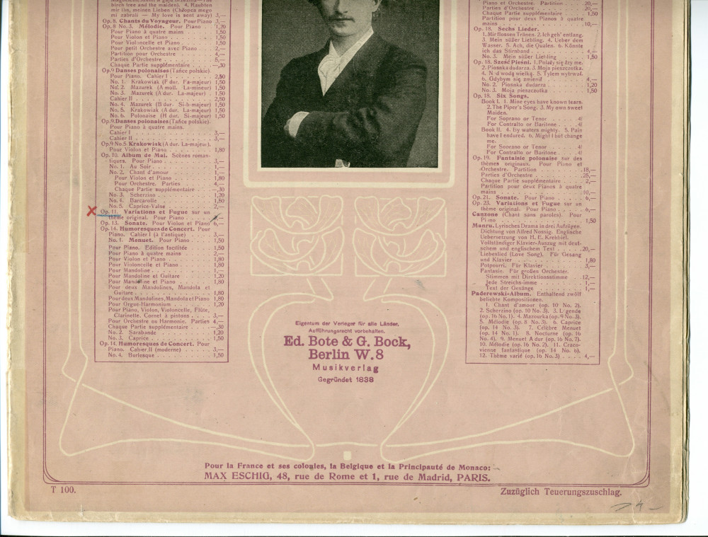 Partition des «Variations et Fugue sur un thème original pour piano» op. 11 de Paderewski (Ed. Bote & G. Bock, Berlin / Max Eschig, Paris – avec en couverture une liste des compositions de Paderewski diffusées par ces maisons)