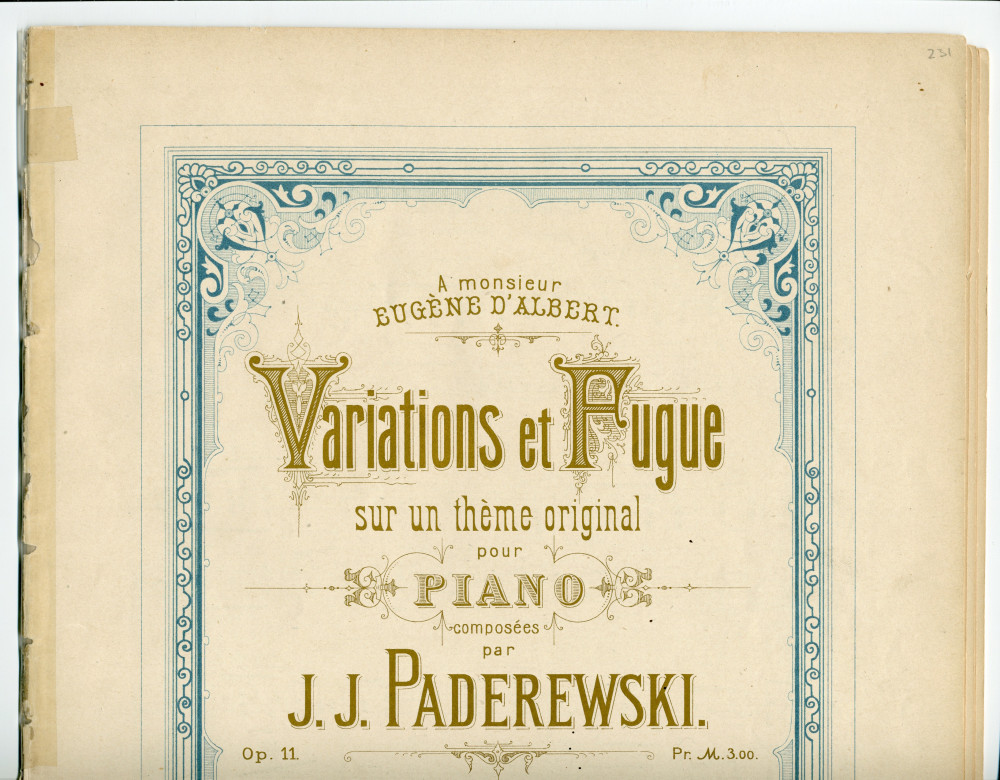Partition des «Variations et Fugue sur un thème original pour piano» op. 11 de Paderewski (Ed. Bote & G. Bock, Berlin & Posen – dédicace «à Monsieur Eugène d'Albert»)