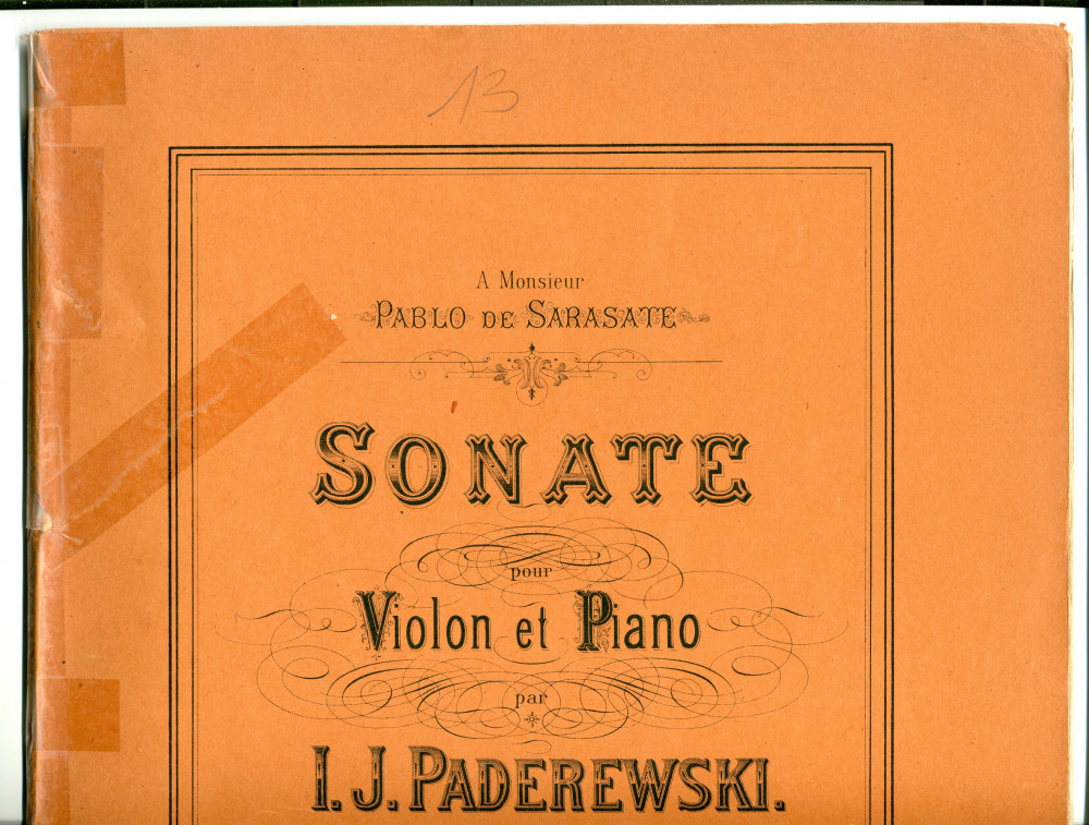 Partition de la «Sonate pour violon et piano» en la mineur op. 13 de Paderewski (Ed. Bote & G. Bock, Berlin / Max Eschig, Paris – dédicace «à Monsieur Pablo de Sarasate»)
