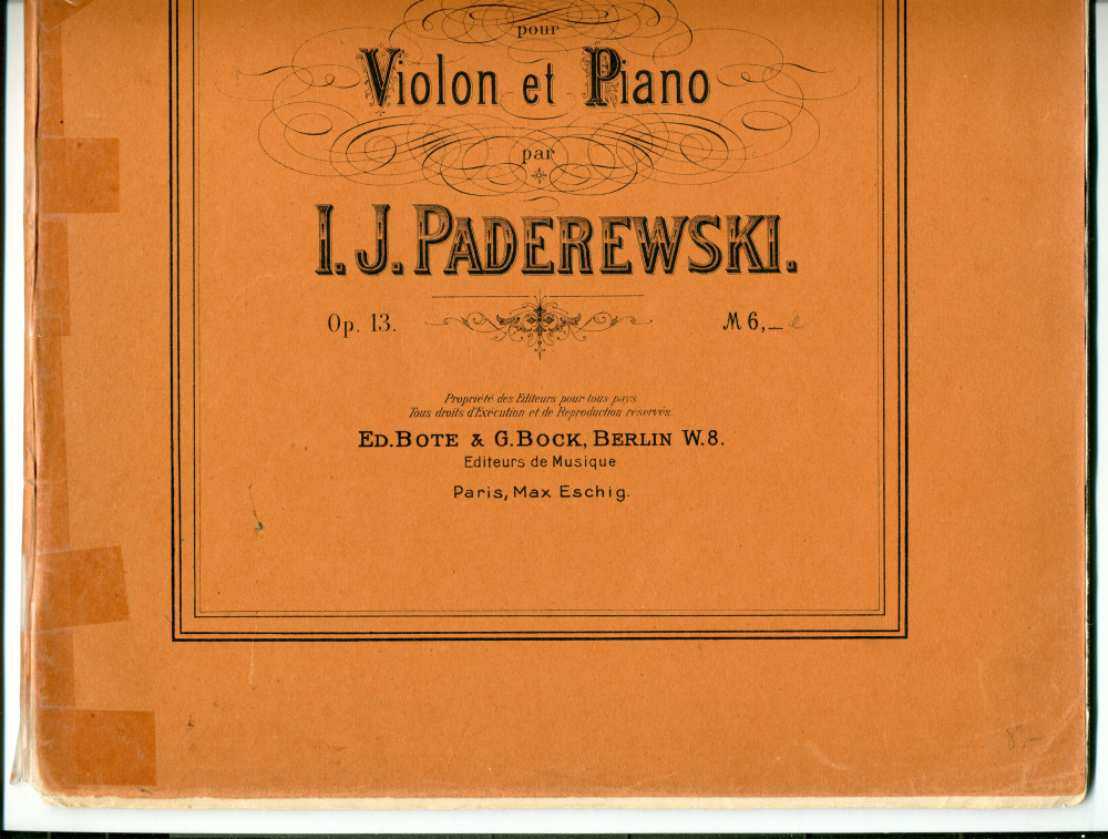 Partition de la «Sonate pour violon et piano» en la mineur op. 13 de Paderewski (Ed. Bote & G. Bock, Berlin / Max Eschig, Paris – dédicace «à Monsieur Pablo de Sarasate»)