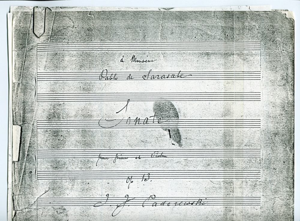 Photocopie du manuscrit autographe de la «Sonate pour violon et piano» en la mineur op. 13 de Paderewski (incomplet: couverture avec dédicace «à Monsieur Pablo de Sarasate» et références)