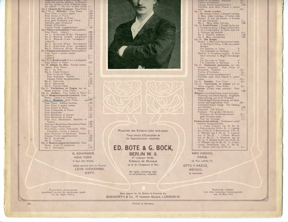 Partition du «Menuet» tiré du cahier I (antique) des «Humoresques de concert» pour piano op. 14 n° 1 de Paderewski (Ed. Bote & G. Bock, Berlin / Bosworth & Co., Londres)