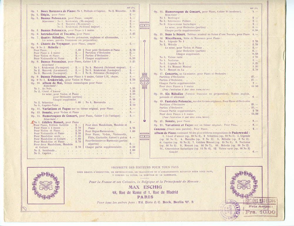 Partition du «Menuet» tiré du cahier I (antique) des «Humoresques de concert» pour piano op. 14 n° 1 de Paderewski (Max Eschig, Paris – avec en couverture une liste des «Œuvres complètes de Paderewski» diffusées par cette maison)