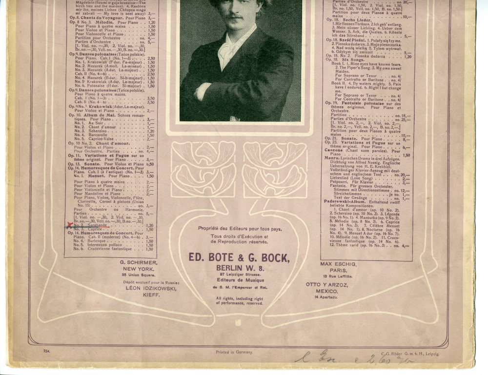 Partition de la «Sarabande» tirée du cahier I (antique) des «Humoresques de concert» pour piano op. 14 n° 2 de Paderewski (Ed. Bote & G. Bock, Berlin)