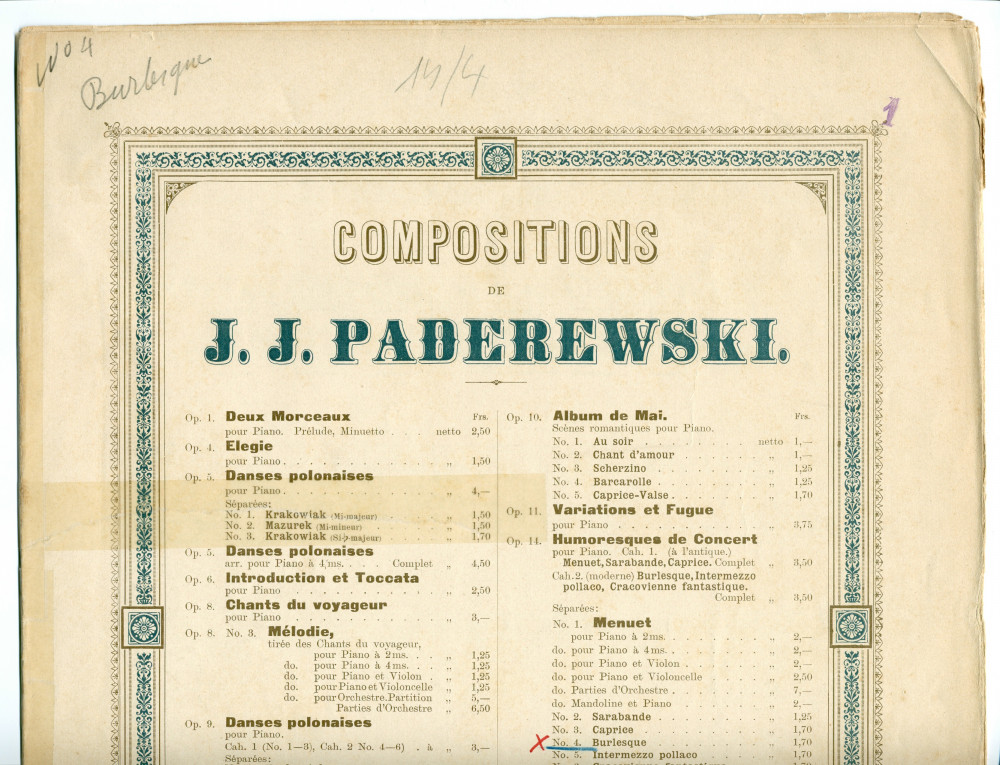 Partition de la «Burlesque» tirée du cahier II (moderne) des «Humoresques de concert» op. 14 n° 4 de Paderewski (Louis Gregh, Paris)