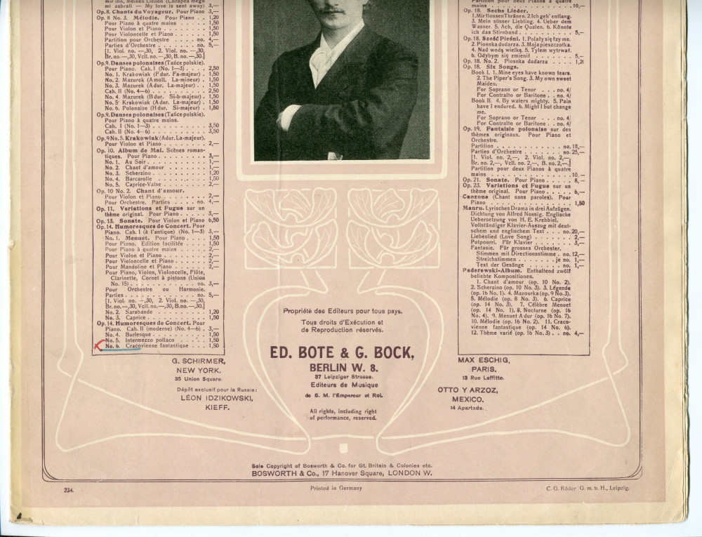 Partition de la «Cracovienne fantastique» tirée du cahier II (moderne) des «Humoresques de concert» pour piano op. 14 n° 6 de Paderewski (Ed. Bote & G. Bock, Berlin / Bosworth & Co., Londres)