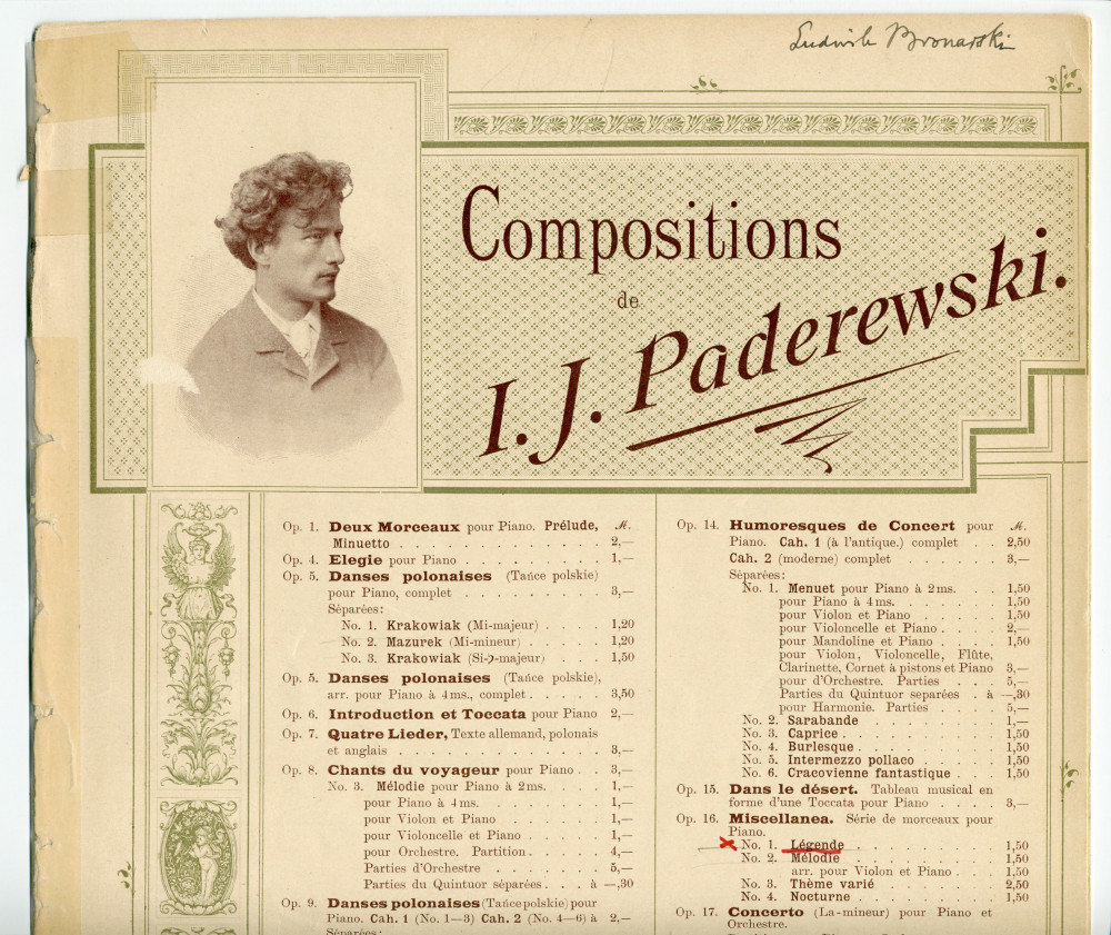Partition de la «Légende» (n° 1) tirée des «Miscellanea, série de morceaux pour piano» op. 16 n° 1 de Paderewski (Ed. Bote & G. Bock, Berlin)