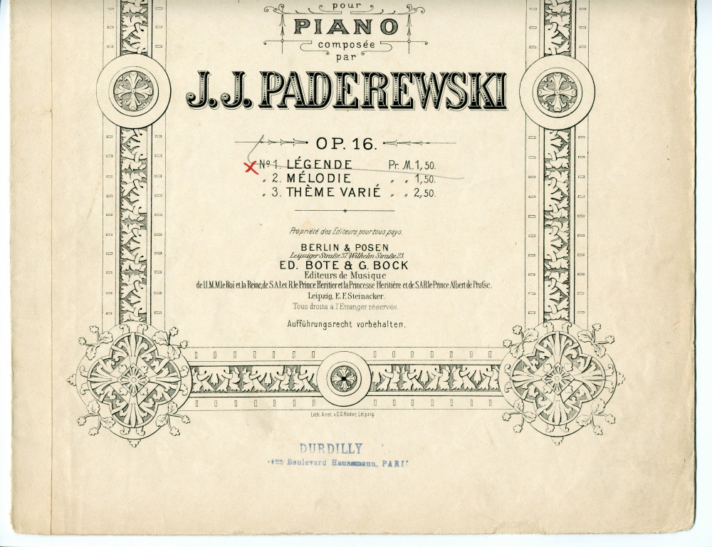 Partition de la «Légende» (n° 1) tirée des «Miscellanea, série de morceaux pour piano» op. 16 n° 1 de Paderewski (Ed. Bote & G. Bock, Berlin & Posen – dédicace «à Madame Céline Scheurer Kästner»)